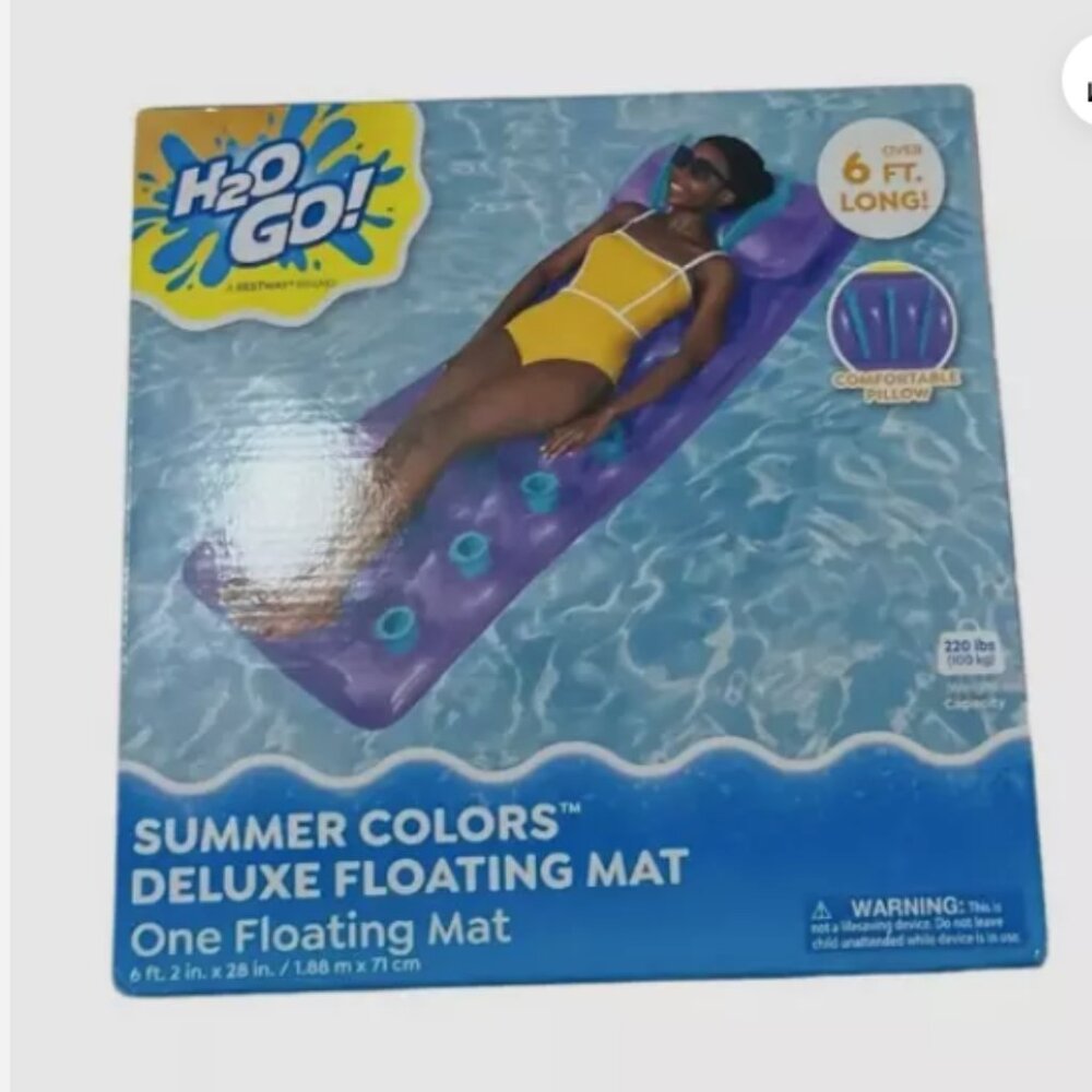 H2O Go Summer Colors Deluxe Floating Mat 6 Ft Long Pool Float Pocket Lounge NEW